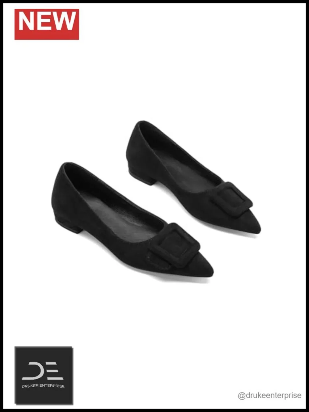 Women's Pointed Toe Slip-On Flats with Square Buckle - Suede Low Heel Dressy